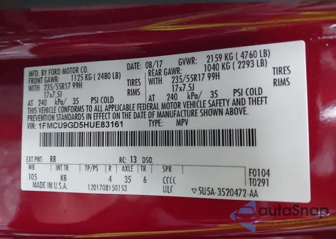 2017 Ford Escape Se z USA, uszkodzony, nr VIN 1FMCU9GD5HUE83161